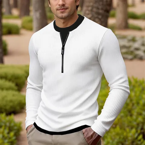 Heren Casual Ribgebreide Trui met Lange Mouwen Fake Twee-delig Ontwerp Halve Rits Contrastkraag Mode Pullover Top