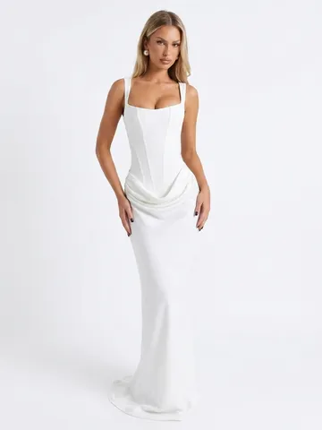 Women's Ruched Corset Bodycon Maxi Dress Square Neck Sleeveless Satin Floor Length Elegant Evening Party Banquet Gown