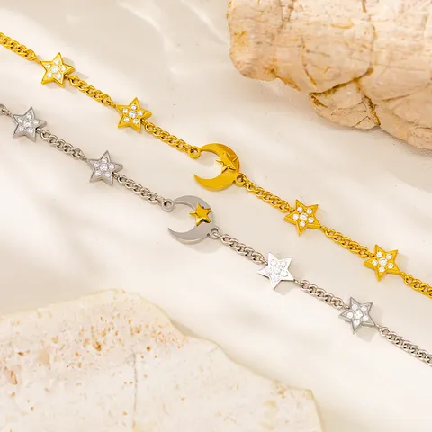 Bracciale con Ciondoli Stella e Luna in Acciaio Inossidabile con Zirconia Elegante Bracciale a Catena Regolabile per Donna Gioielli