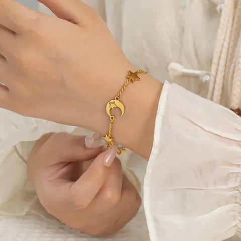 Bracciale con Ciondoli Stella e Luna in Acciaio Inossidabile con Zirconia Elegante Bracciale a Catena Regolabile per Donna Gioielli