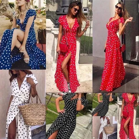 Dames V-hals Stippen Wikkeljurk Maxi Korte Mouw Hoge Split Tailleband Franse Retro Zomervakantie Lange Jurk