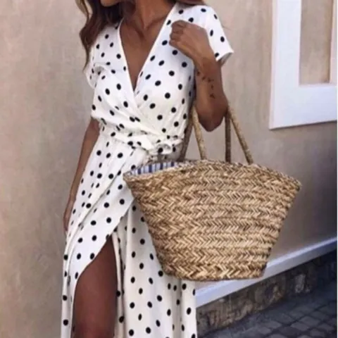 Dames V-hals Stippen Wikkeljurk Maxi Korte Mouw Hoge Split Tailleband Franse Retro Zomervakantie Lange Jurk