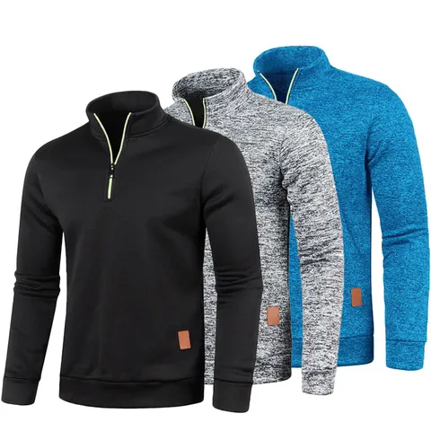 Sweat-shirt Pullover Homme avec Fermeture Éclair 1/4 Tricot Chiné Col Montant Manches Longues avec Détail Contrasté et Écusson