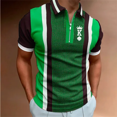Polo à Fermeture Éclair pour Hommes Patchwork Pied-de-poule Color Block Manches Courtes Haut en Tricot Vintage Décontracté