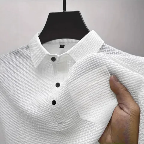 Polo da Uomo in Rete di Seta Ghiacciata Manica Corta Traspirante Tinta Unita Top con Tasca Business Casual Uomo T-Shirt