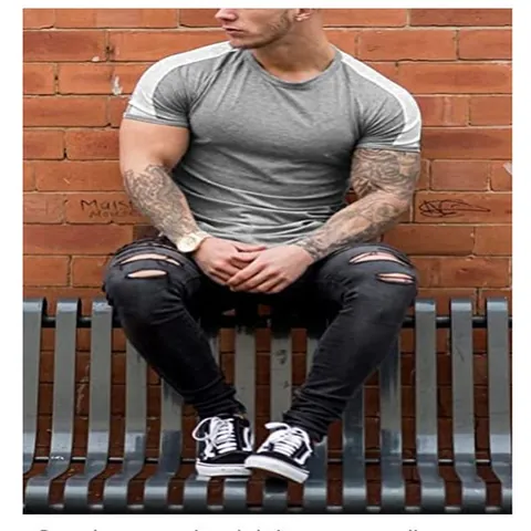 Men's Casual Slim Fit Short Sleeve T-Shirt Athletic Round Neck Contrast Stripe Patchwork Sporty Summer Top