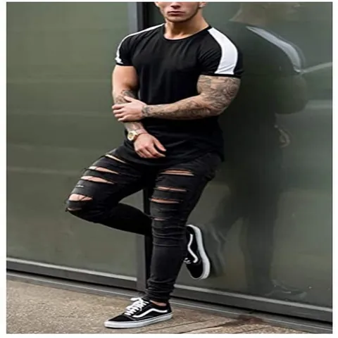 Men's Casual Slim Fit Short Sleeve T-Shirt Athletic Round Neck Contrast Stripe Patchwork Sporty Summer Top