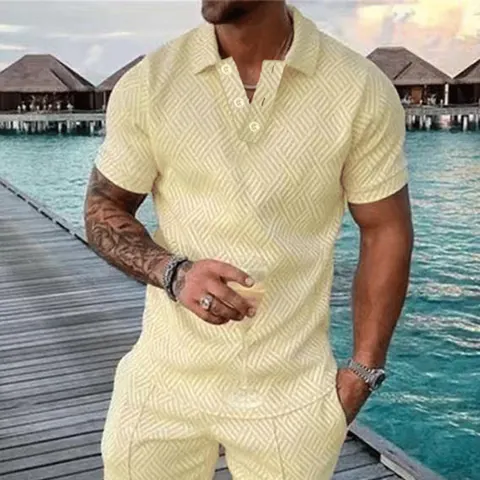 Men's Casual Short Sleeve Polo Shirt With Geometric Waffle Texture 3-Button Turn-Down Collar Polyester Blend Vacation Top