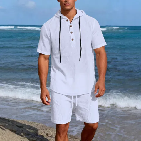 Ensemble Décontracté d'Été pour Hommes avec Chemise Henley à Capuche Manches Courtes et Short à Cordon Texture Lin