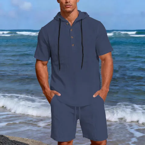 Ensemble Décontracté d'Été pour Hommes avec Chemise Henley à Capuche Manches Courtes et Short à Cordon Texture Lin