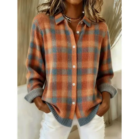 Women's Plaid Knit Cardigan Loose Long Sleeve Lapel Single Breasted Plaid Knitted Jacket Casual Soft Outwear Vintage Sweater Top