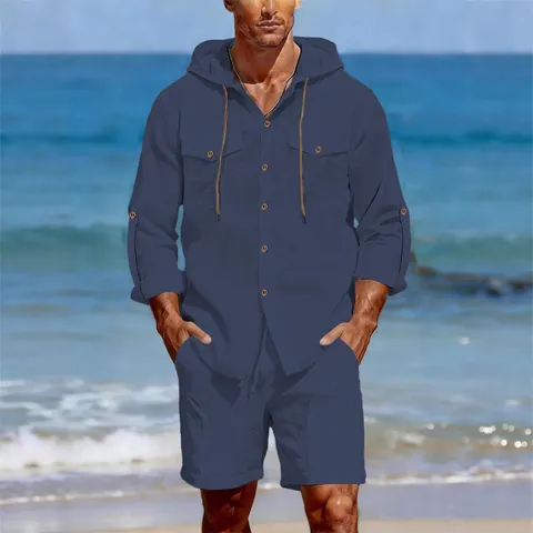 Ensemble Décontracté en Mélange de Lin pour Hommes Chemise à Capuche Boutonnée et Short à Cordon Tenue de Vacances à la Plage Haut et Pantalon