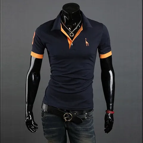 Men's Slim Fit Polo Shirt Short Sleeve Cotton Blend Contrast Color Collar Giraffe Embroidered Casual Top