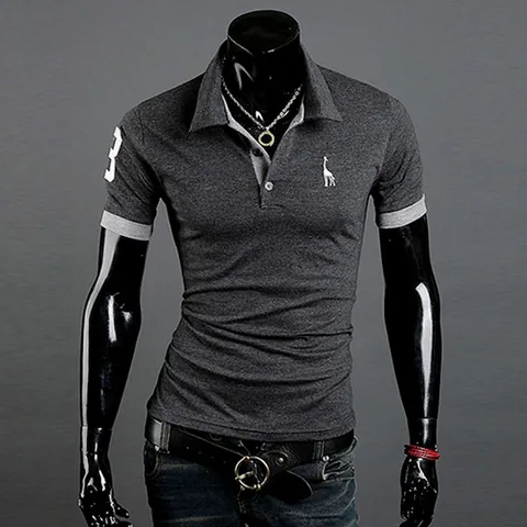 Men's Slim Fit Polo Shirt Short Sleeve Cotton Blend Contrast Color Collar Giraffe Embroidered Casual Top