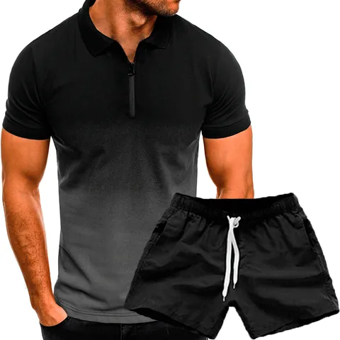 Tenue de Sport Décontractée pour Hommes Dégradé 3D Polo et Short Été Manches Courtes Fermeture Éclair Revers Respirant Polyester Vêtements de Sport