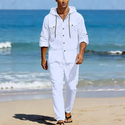Completo Casual da Uomo in Misto Lino Con Cappuccio Camicia a Maniche Lunghe e Pantaloni Tinta Unita Traspirante Moda Mare