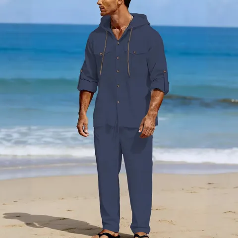 Completo Casual da Uomo in Misto Lino Con Cappuccio Camicia a Maniche Lunghe e Pantaloni Tinta Unita Traspirante Moda Mare