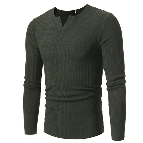 Camiseta de Manga Larga de Punto Acanalado para Hombre Ajuste Delgado Cuello en V Casual Color Sólido Mezcla de Algodón