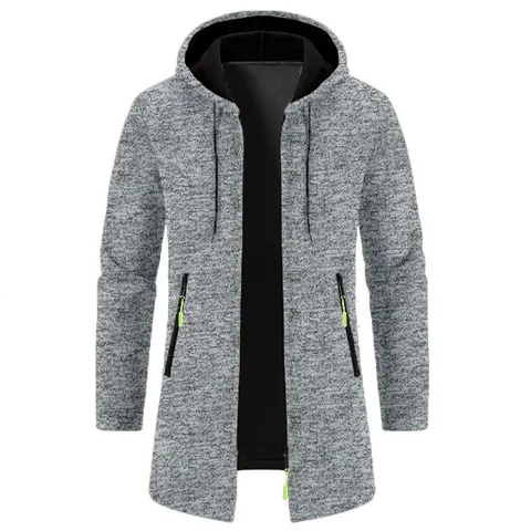Veste Cardigan en Tricot à Capuche pour Homme Longueur Moyenne Fermeture Éclair Complète Outwear Chiné Décontracté avec Poches