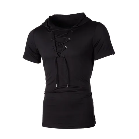 Men's Hooded Short Sleeve T-Shirt Casual Slim Fit Lace Up V-Neck Cotton Blend Solid Color Hoodies Top Streetwear