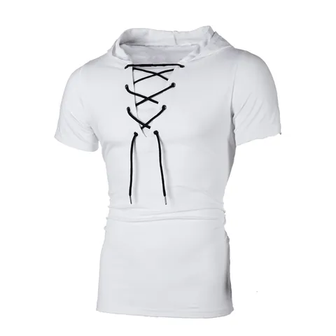 Men's Hooded Short Sleeve T-Shirt Casual Slim Fit Lace Up V-Neck Cotton Blend Solid Color Hoodies Top Streetwear