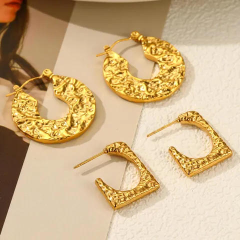 Vintage Irregular Hammered Stainless Steel Hoop Earrings 18K Gold Plated Modern Geometric Ear Buckle For Women Jewelry