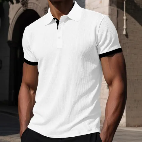 Herren Casual Waffelstrick Polohemd Kurzarm Kontrastfarbe Kragen Slim Fit Atmungsaktiv Business Golf Top
