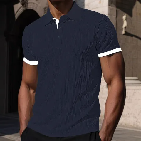 Herren Casual Waffelstrick Polohemd Kurzarm Kontrastfarbe Kragen Slim Fit Atmungsaktiv Business Golf Top