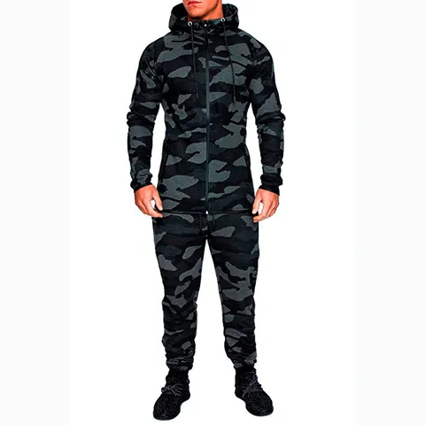 Men's Casual Camouflage Tracksuit Hooded Zip-up Sweatshirt And Jogger Pants Cotton Blend Sports Outfit