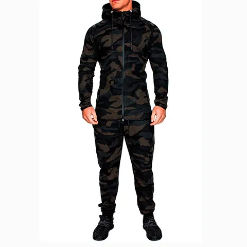Men's Casual Camouflage Tracksuit Hooded Zip-up Sweatshirt And Jogger Pants Cotton Blend Sports Outfit