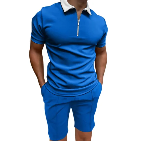 Men Summer Casual Outfit Short Sleeve Zipper Polo Shirt And Shorts Contrast Collar Breathable Cotton Blend Sportswear Suit