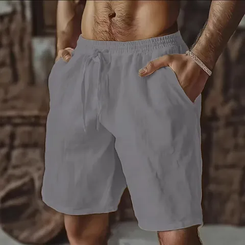 Men's Casual Cotton Linen Shorts Summer Breathable Elastic Drawstring Waist 5-Point Shorts With Pockets For Daily Beach Vacation