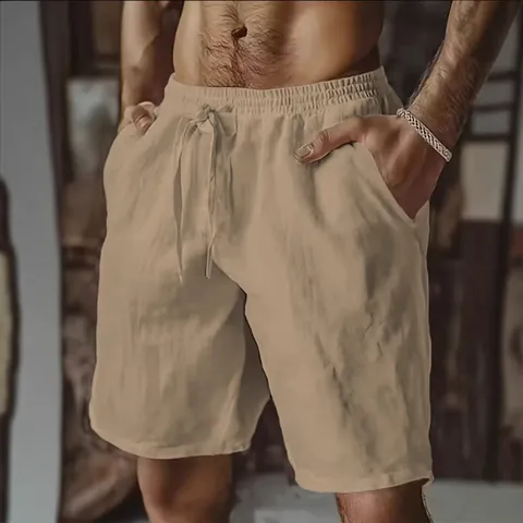 Men's Casual Cotton Linen Shorts Summer Breathable Elastic Drawstring Waist 5-Point Shorts With Pockets For Daily Beach Vacation