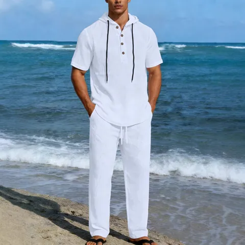 Camicia a Maniche Corte con Cappuccio in Misto Lino Casual da Uomo e Pantaloni Lunghi con Coulisse Tinta Unita Completo Mare