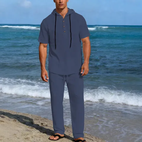 Camicia a Maniche Corte con Cappuccio in Misto Lino Casual da Uomo e Pantaloni Lunghi con Coulisse Tinta Unita Completo Mare