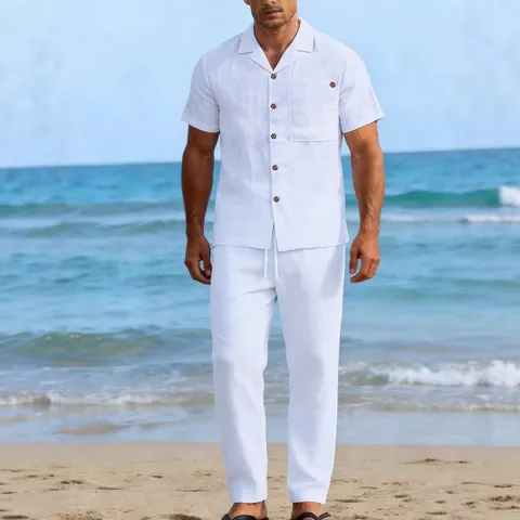 Ensemble Décontracté en Lin pour Hommes Chemise à Manches Courtes et Pantalon Long à Cordon Respirant pour la Plage