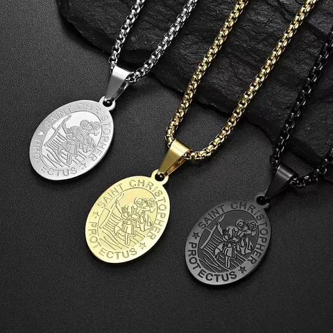 Saint Christopher Protect Us Pendant Necklace Stainless Steel Religious Medallion Jewelry For Men Gold Silver Black
