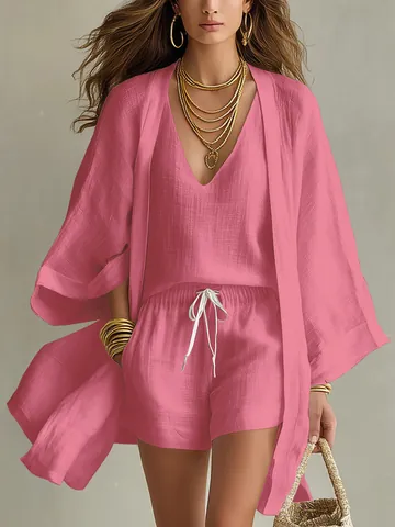 Dames 3-Delige Zomerse Casual Set Halfhoge Cardigan Mouwloos Vest Met V-Hals En Shorts Met Trekkoord Effen Kleur Outfits