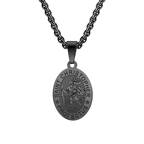 Saint Christopher Protect Us Pendant Necklace Stainless Steel Religious Medallion Jewelry For Men Gold Silver Black