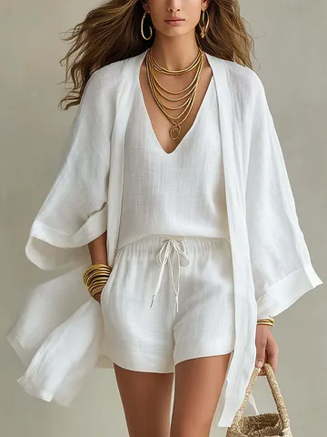 Dames 3-Delige Zomerse Casual Set Halfhoge Cardigan Mouwloos Vest Met V-Hals En Shorts Met Trekkoord Effen Kleur Outfits