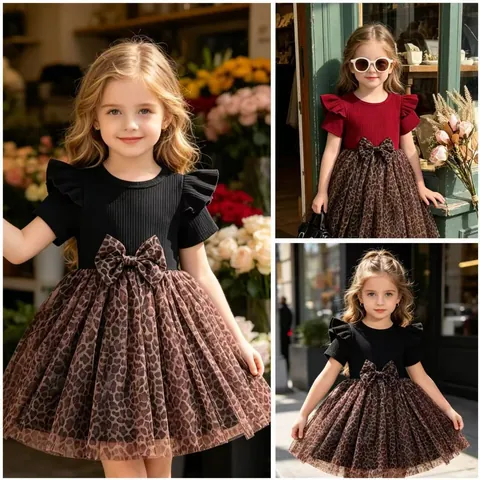 Girls Summer Leopard Print Mesh Splicing Dress Cotton Ribbed Short Sleeve Bow Tutu Skirt Western Style Kids Princess Dress