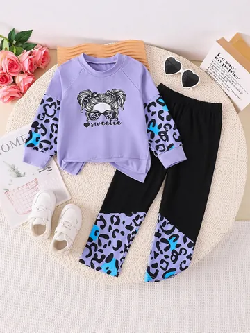 Completo Autunnale da Ragazza Due Pezzi Felpa Pullover con Stampa Leopardata Viola e Pantaloni Abbigliamento Casual per Bambini in Misto Poliestere