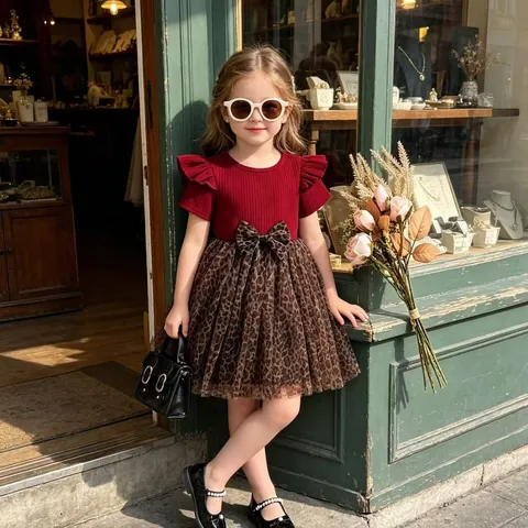Girls Summer Leopard Print Mesh Splicing Dress Cotton Ribbed Short Sleeve Bow Tutu Skirt Western Style Kids Princess Dress