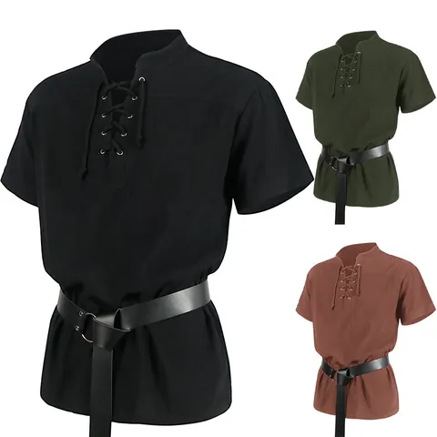 Herren Renaissance Mittelalter Hemd Gotik Kurzarm Schnürung Wikinger Pirat Tunika Vintage Kostüm Top Mit Ledergürtel