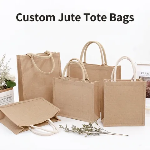 Waterproof Laminated Jute Burlap Tote Bag Large Capacity Reusable Eco Friendly Shopping Bag Handheld Grocery Storage Handbag
