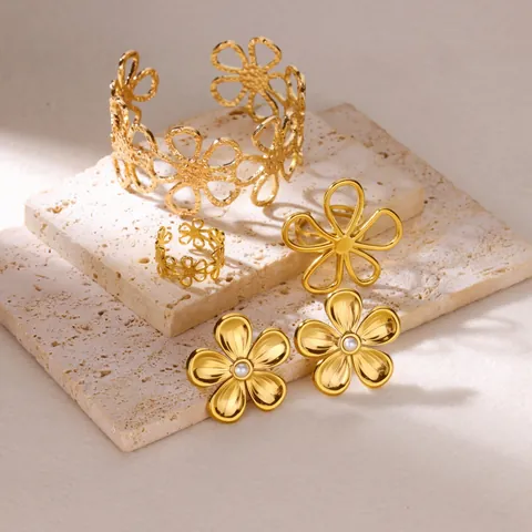 Roestvrij Staal Opengewerkt Madeliefje Bloem Armband Oorbellen Ring Gehamerde Textuur Sieraden Voor Vrouwen Goud Zilver Vingerring