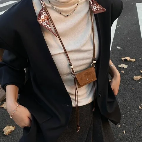 Women Retro Suede Mini Coin Purse Small Exquisite Crossbody Bag With Satin Scarf Wooden Beads Vintage Shoulder Bag Accessory