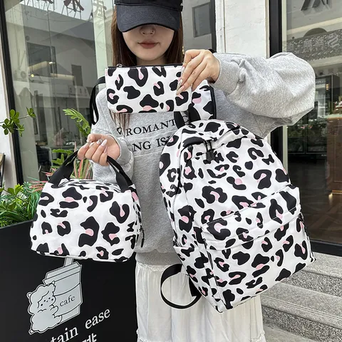 Damen Casual Leoparden Kuhmuster Rucksack Set Schultasche Mit Lunchtasche Und Federmäppchen Wasserdicht Nylon Student Reise Daypack