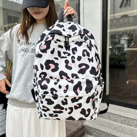 Damen Casual Leoparden Kuhmuster Rucksack Set Schultasche Mit Lunchtasche Und Federmäppchen Wasserdicht Nylon Student Reise Daypack