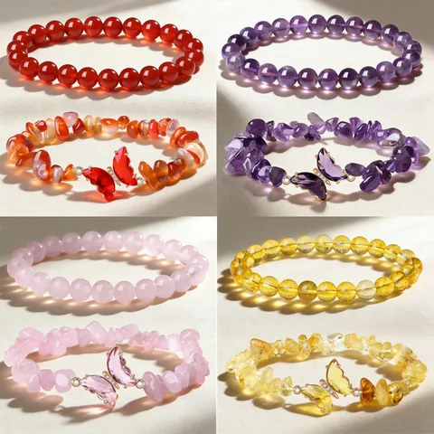 Bracciale in Perline di Cristallo Naturale Sovrapposto Perle Tonde Pietre Irregolari Ciondolo Farfalla Gioielli Donna